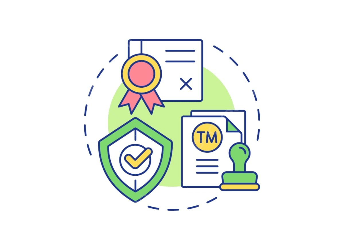 Illustration of certification symbols, including a ribbon, shield with check mark, and trademark document.